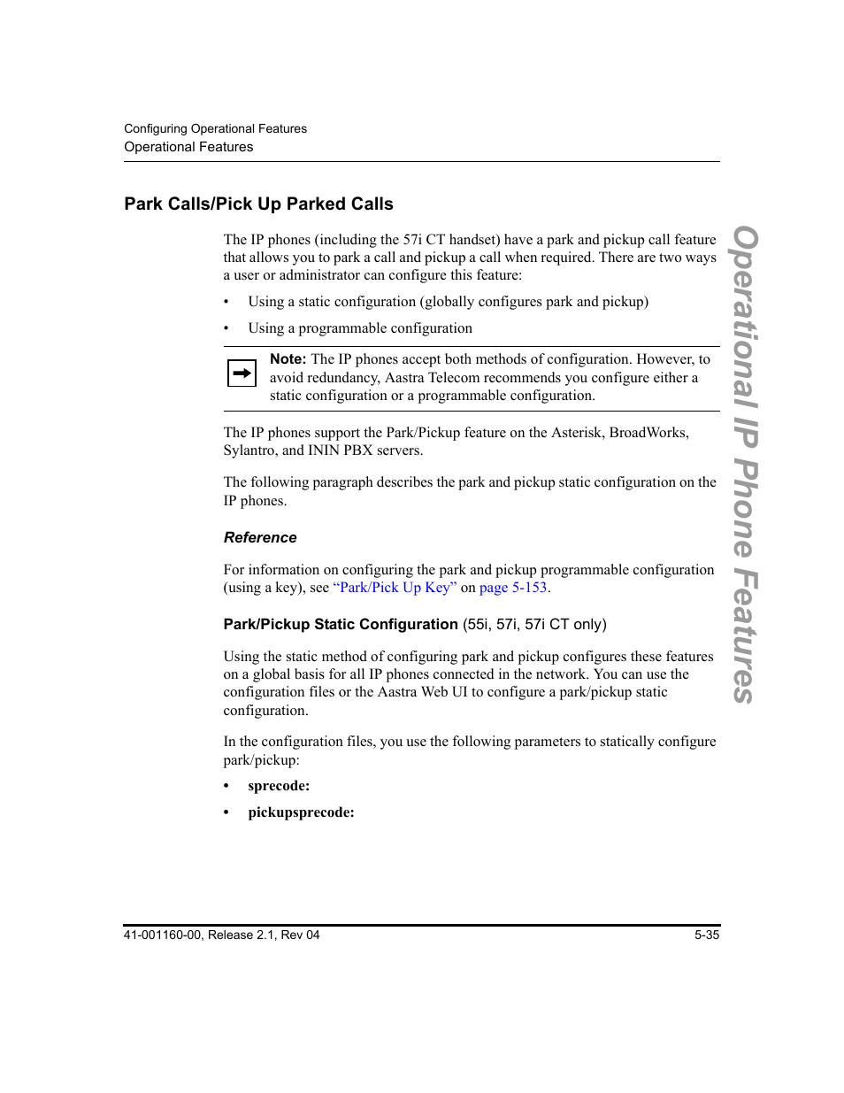 Park calls/pick up parked calls, Reference, Park calls/pick up parked calls -35 | Park calls/pick up parked, Calls, Operational ip phone features | Aastra Telecom SIP 57I User Manual | Page 245 / 818
