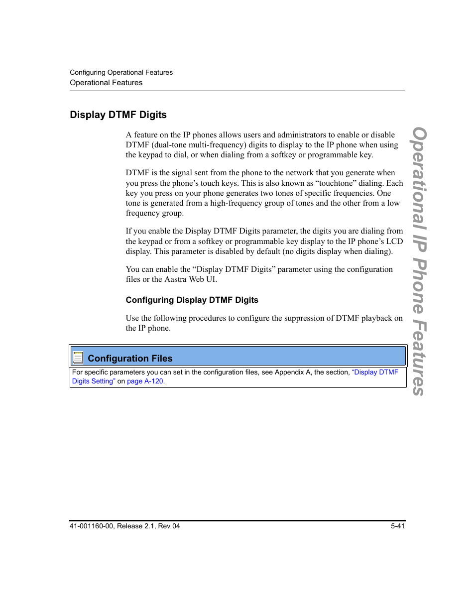 Display dtmf digits, Configuring display dtmf digits, Display dtmf digits -41 | Feature, see, Display, Dtmf digits, Operational ip phone features | Aastra Telecom SIP 57I User Manual | Page 251 / 818