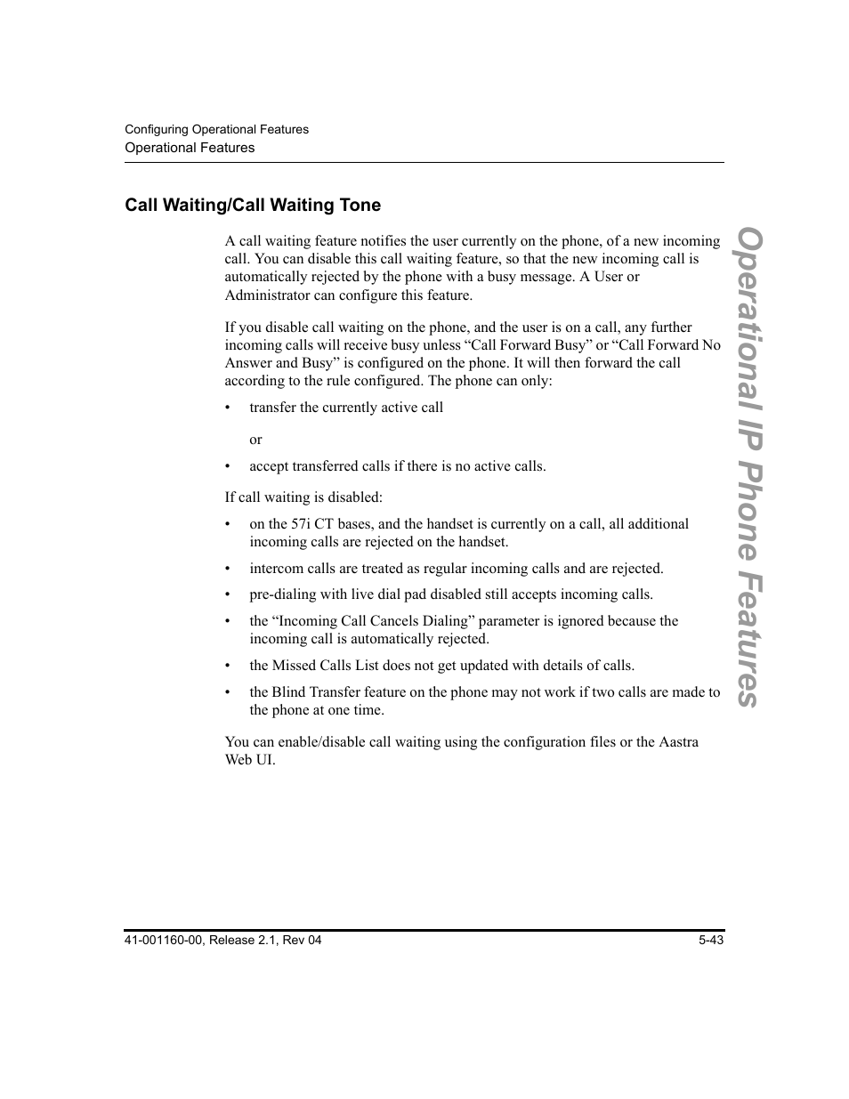 Call waiting/call waiting tone, Call waiting/call waiting tone -43, Feature, see | Call, Waiting/call waiting tone, Operational ip phone features | Aastra Telecom SIP 57I User Manual | Page 253 / 818
