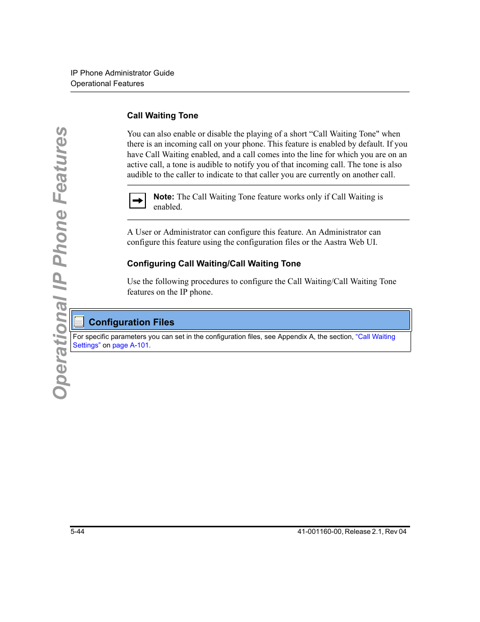 Call waiting tone, Configuring call waiting/call waiting tone, Operational ip phone features | Aastra Telecom SIP 57I User Manual | Page 254 / 818