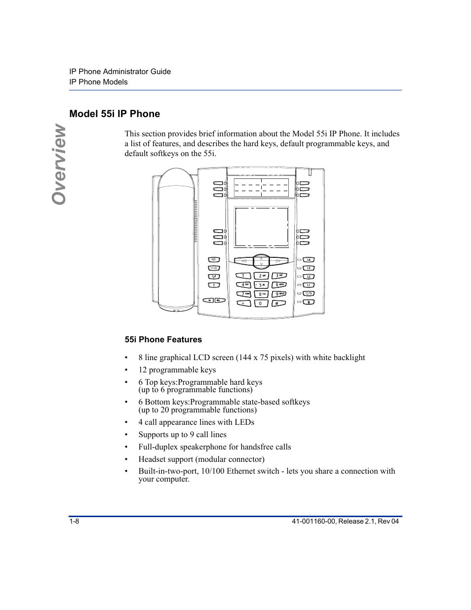 Model 55i ip phone, 55i phone features, Model 55i ip phone -8 | Overview | Aastra Telecom SIP 57I User Manual | Page 26 / 818