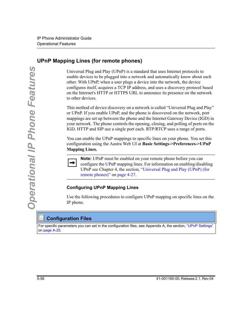 Upnp mapping lines (for remote phones), Configuring upnp mapping lines, Upnp mapping lines (for remote phones) -56 | Feature, see, Upnp, Mapping lines (for remote phones), Operational ip phone features | Aastra Telecom SIP 57I User Manual | Page 266 / 818