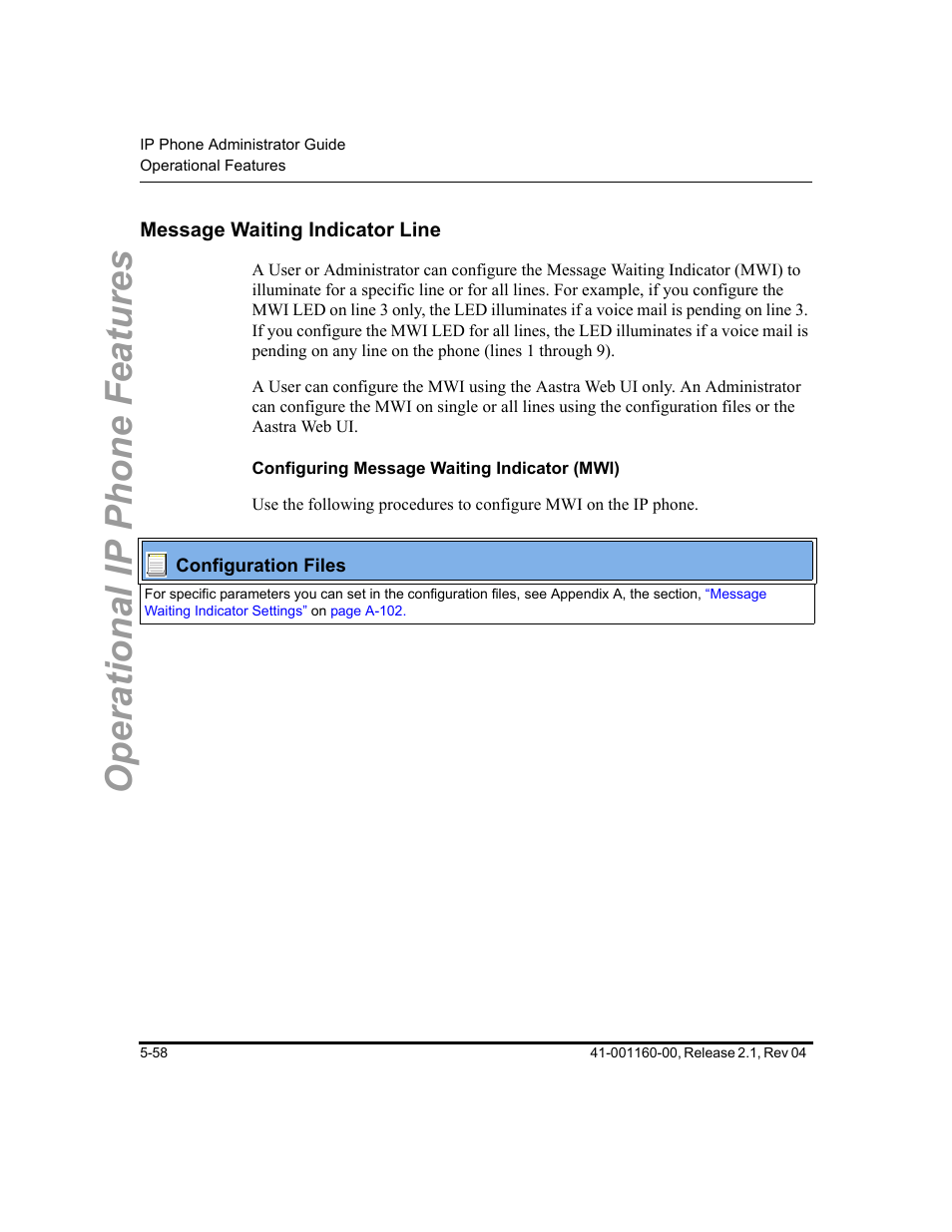 Message waiting indicator line, Configuring message waiting indicator (mwi), Message waiting indicator line -58 | Feature, see, Message, Waiting indicator line, Operational ip phone features | Aastra Telecom SIP 57I User Manual | Page 268 / 818
