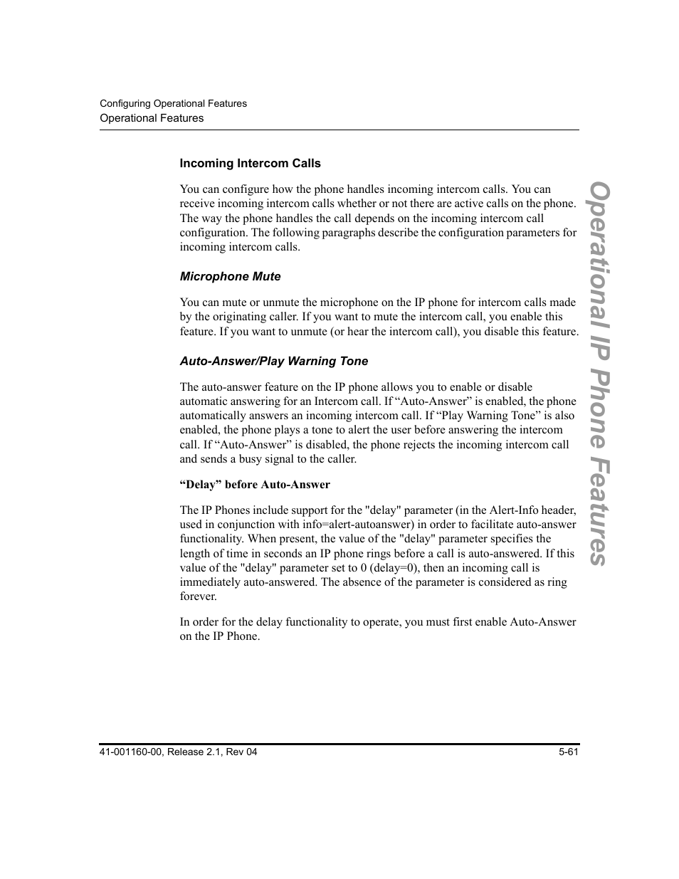 Incoming intercom calls, Microphone mute, Auto-answer/play warning tone | Operational ip phone features | Aastra Telecom SIP 57I User Manual | Page 271 / 818