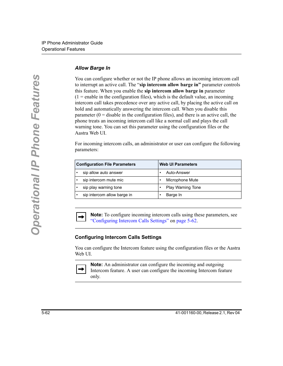 Allow barge in, Configuring intercom calls settings, Operational ip phone features | Aastra Telecom SIP 57I User Manual | Page 272 / 818