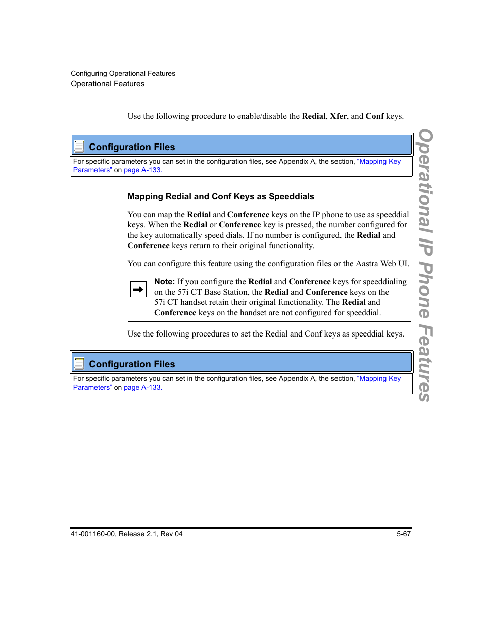 Mapping redial and conf keys as speeddials, Operational ip phone features | Aastra Telecom SIP 57I User Manual | Page 277 / 818