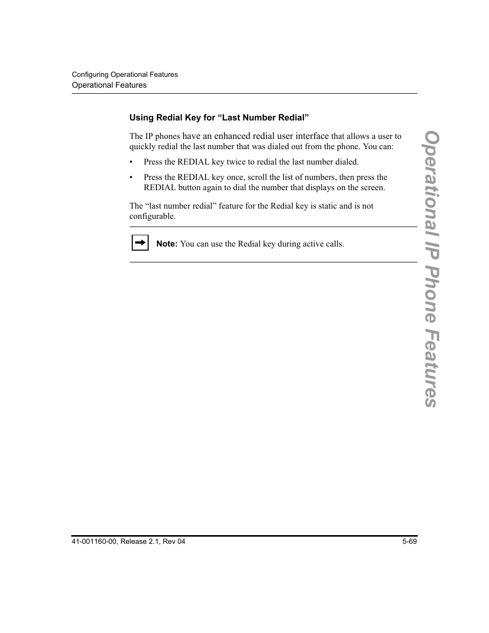 Using redial key for “last number redial, Operational ip phone features | Aastra Telecom SIP 57I User Manual | Page 279 / 818