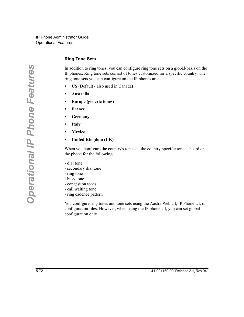 Ring tone sets, Operational ip phone features | Aastra Telecom SIP 57I User Manual | Page 282 / 818