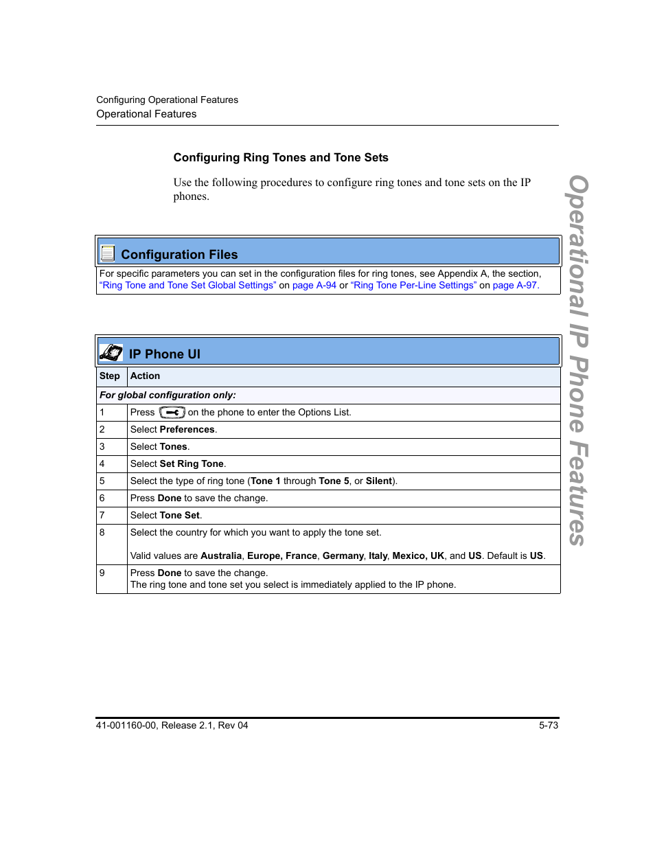 Configuring ring tones and tone sets, Operational ip phone features | Aastra Telecom SIP 57I User Manual | Page 283 / 818