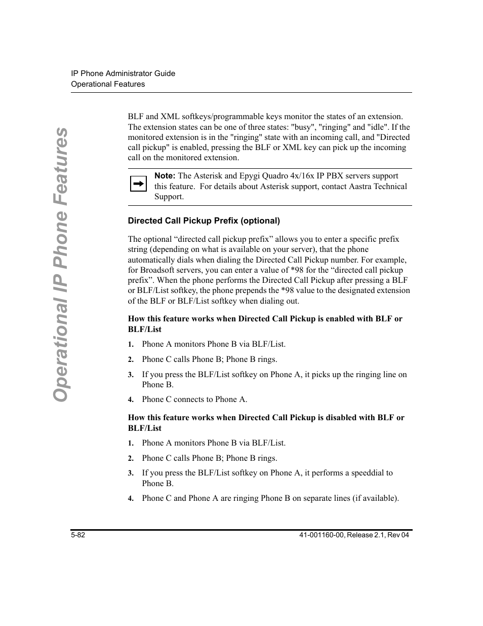 Directed call pickup prefix (optional), Operational ip phone features | Aastra Telecom SIP 57I User Manual | Page 292 / 818