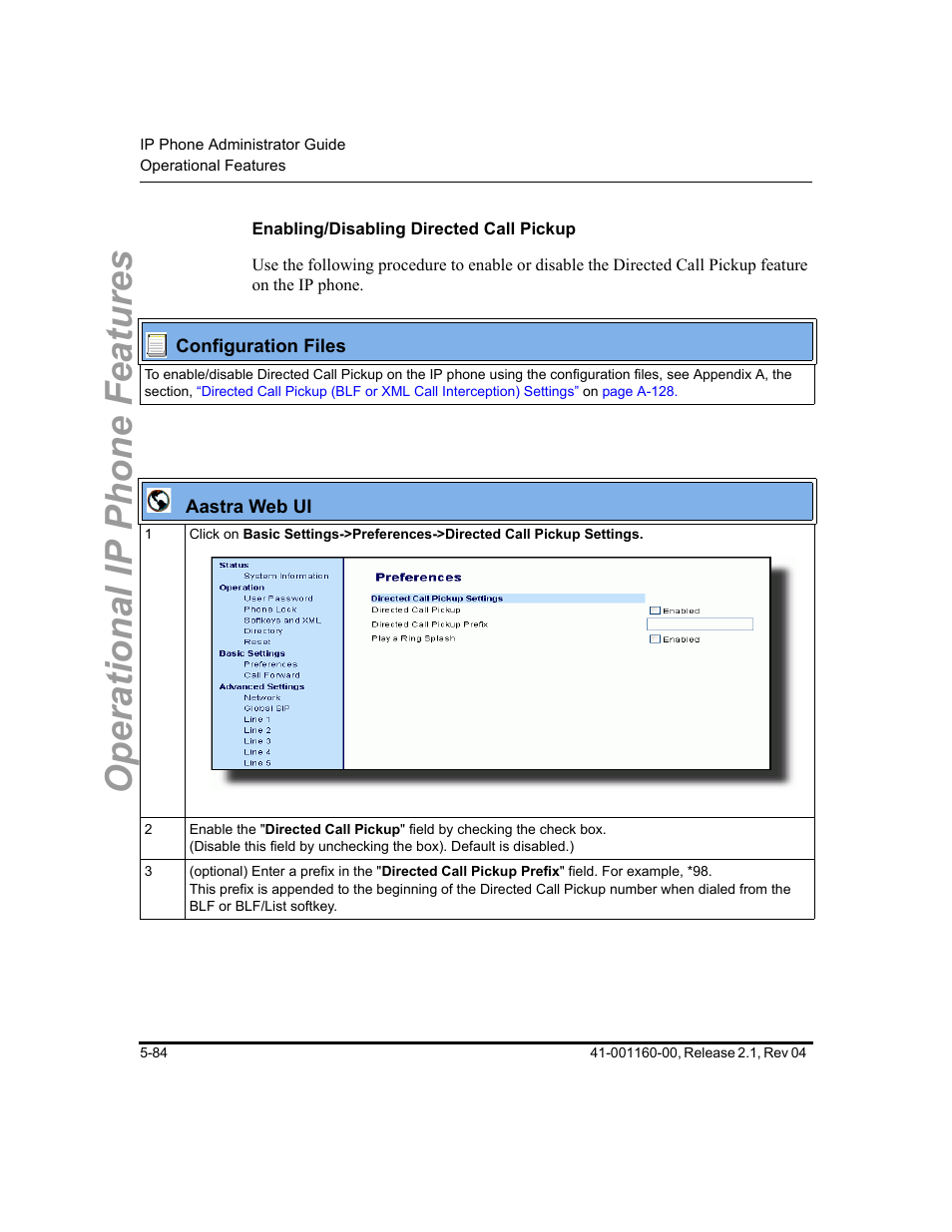 Enabling/disabling directed call pickup, Operational ip phone features | Aastra Telecom SIP 57I User Manual | Page 294 / 818