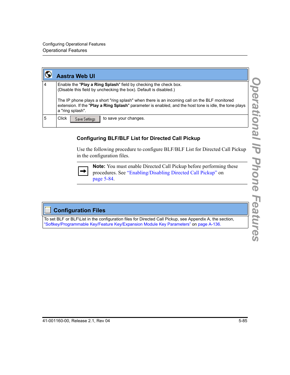 Configuring blf/blf list for directed call pickup, Operational ip phone features | Aastra Telecom SIP 57I User Manual | Page 295 / 818