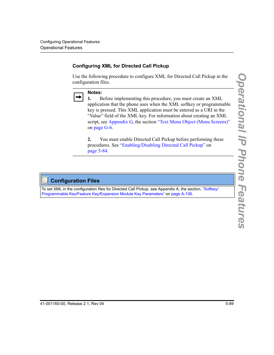 Configuring xml for directed call pickup, Operational ip phone features | Aastra Telecom SIP 57I User Manual | Page 299 / 818