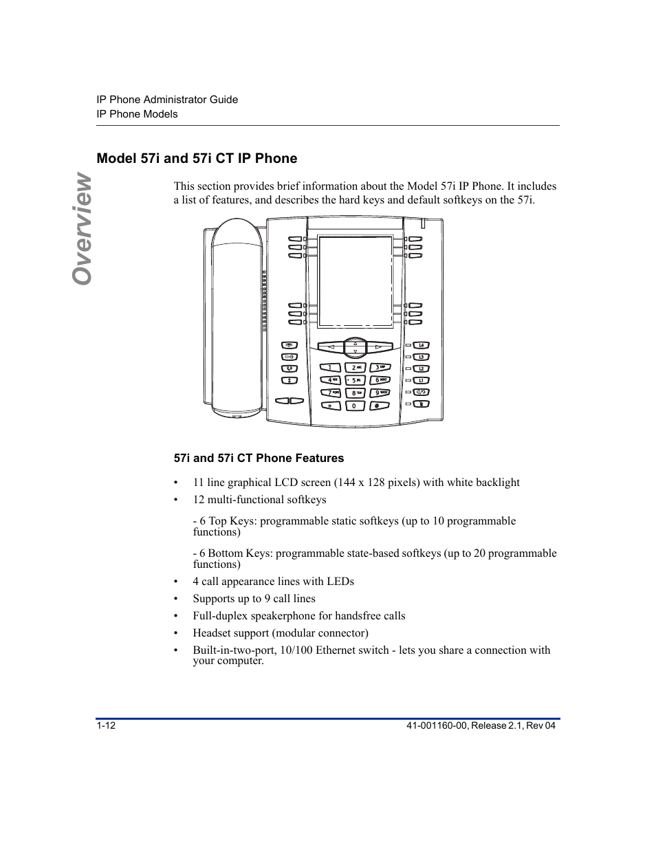 Model 57i and 57i ct ip phone, 57i and 57i ct phone features, Model 57i and 57i ct ip phone -12 | Overview | Aastra Telecom SIP 57I User Manual | Page 30 / 818