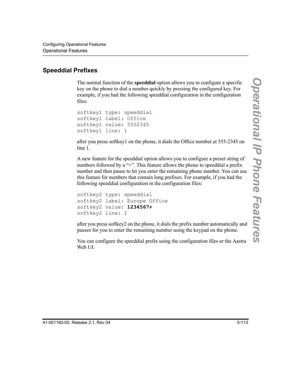 Speeddial prefixes, Speeddial prefixes -113, Operational ip phone features | Aastra Telecom SIP 57I User Manual | Page 323 / 818