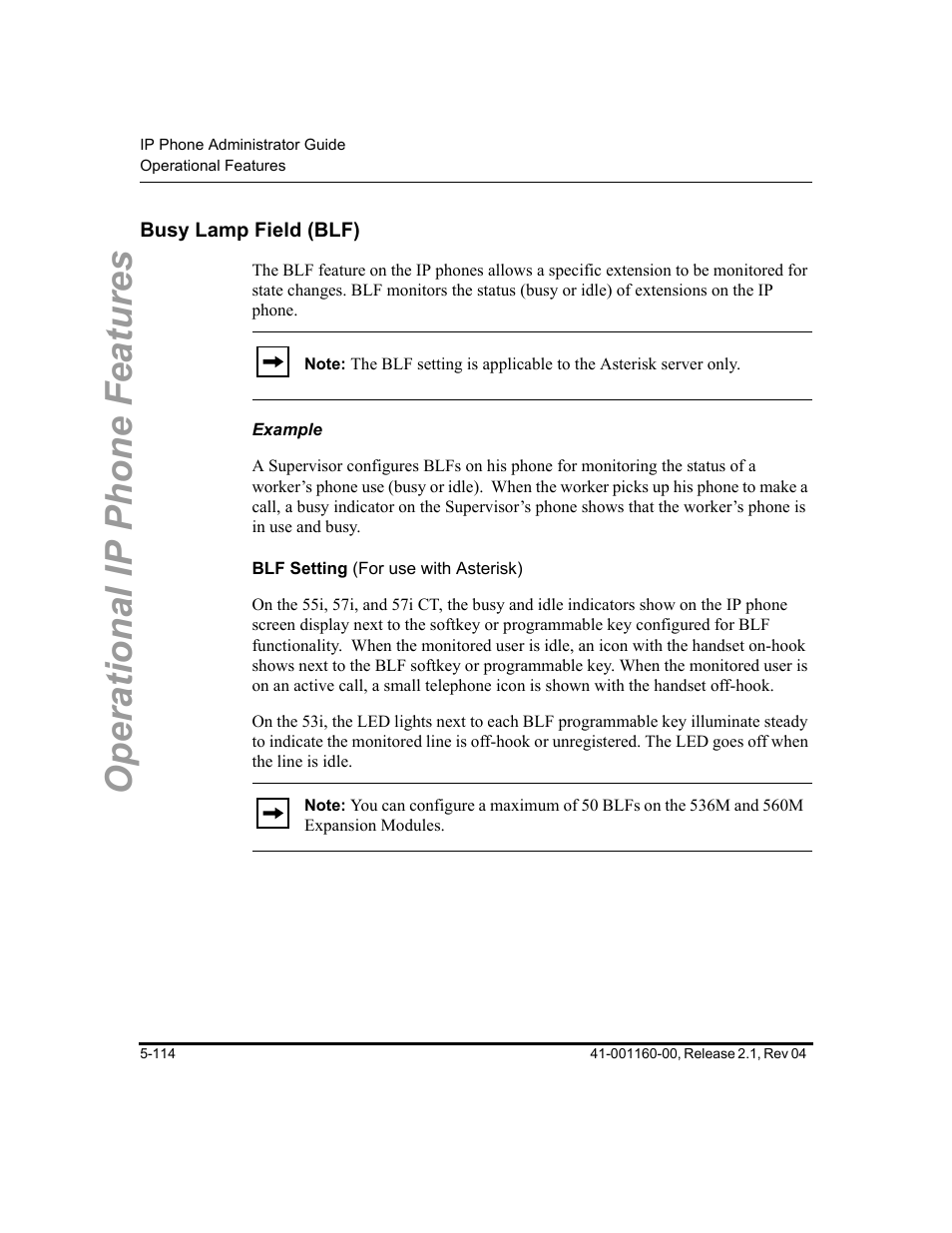 Busy lamp field (blf), Example, Blf setting (for use with asterisk) | Busy lamp field (blf) -114, Operational ip phone features | Aastra Telecom SIP 57I User Manual | Page 324 / 818