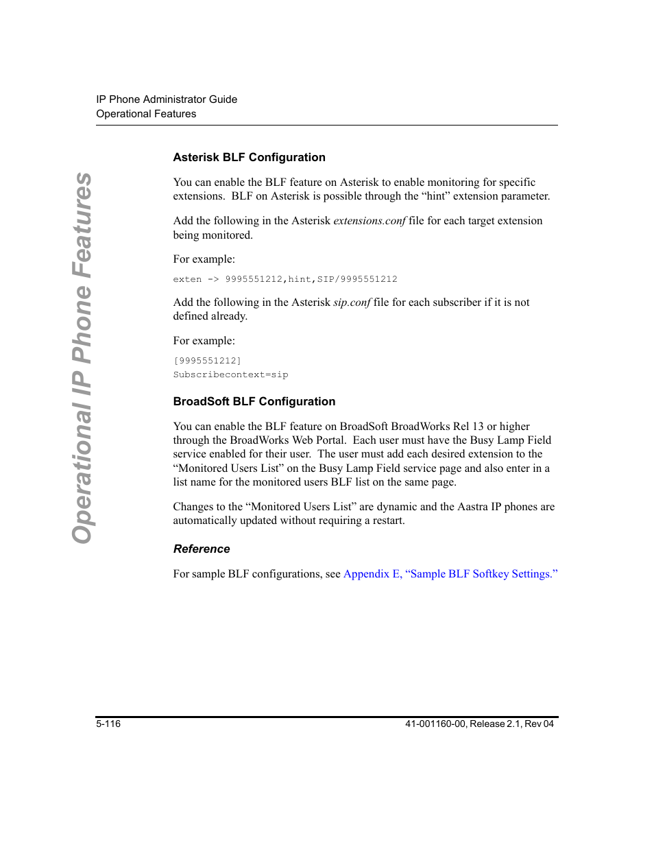 Asterisk blf configuration, Broadsoft blf configuration, Reference | Operational ip phone features | Aastra Telecom SIP 57I User Manual | Page 326 / 818