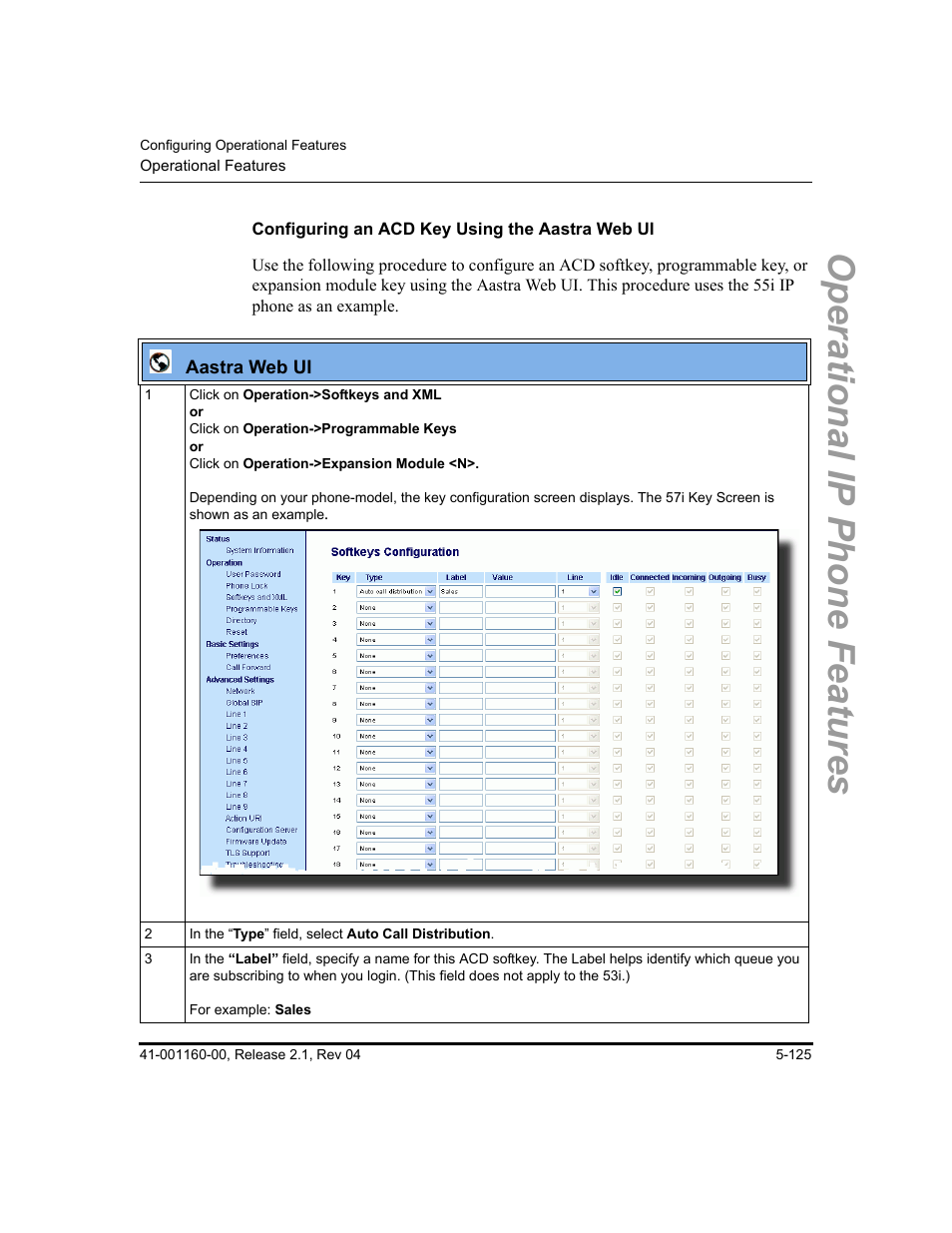 Configuring an acd key using the aastra web ui, Operational ip phone features | Aastra Telecom SIP 57I User Manual | Page 335 / 818