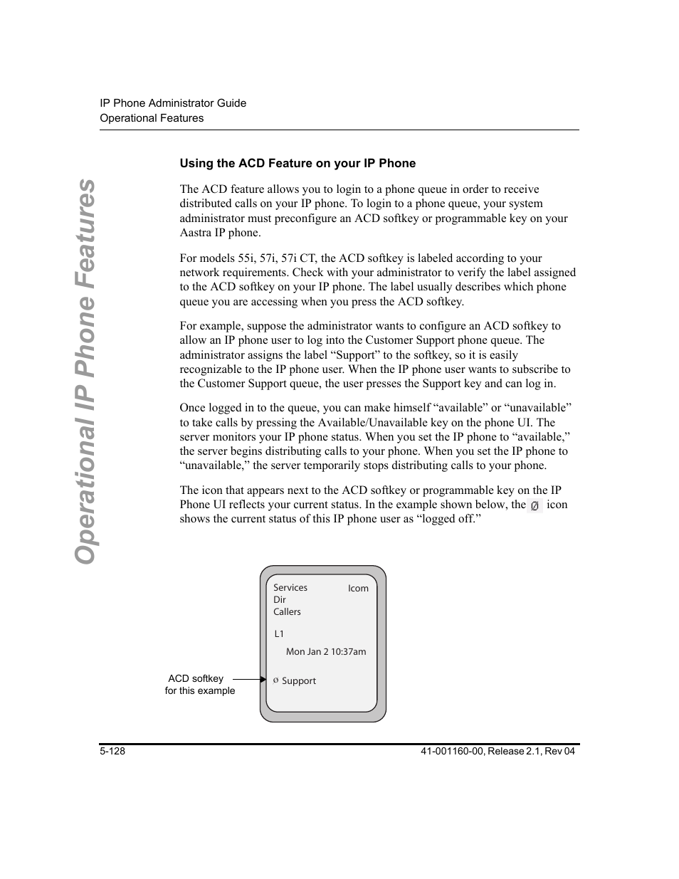 Using the acd feature on your ip phone, Operational ip phone features | Aastra Telecom SIP 57I User Manual | Page 338 / 818