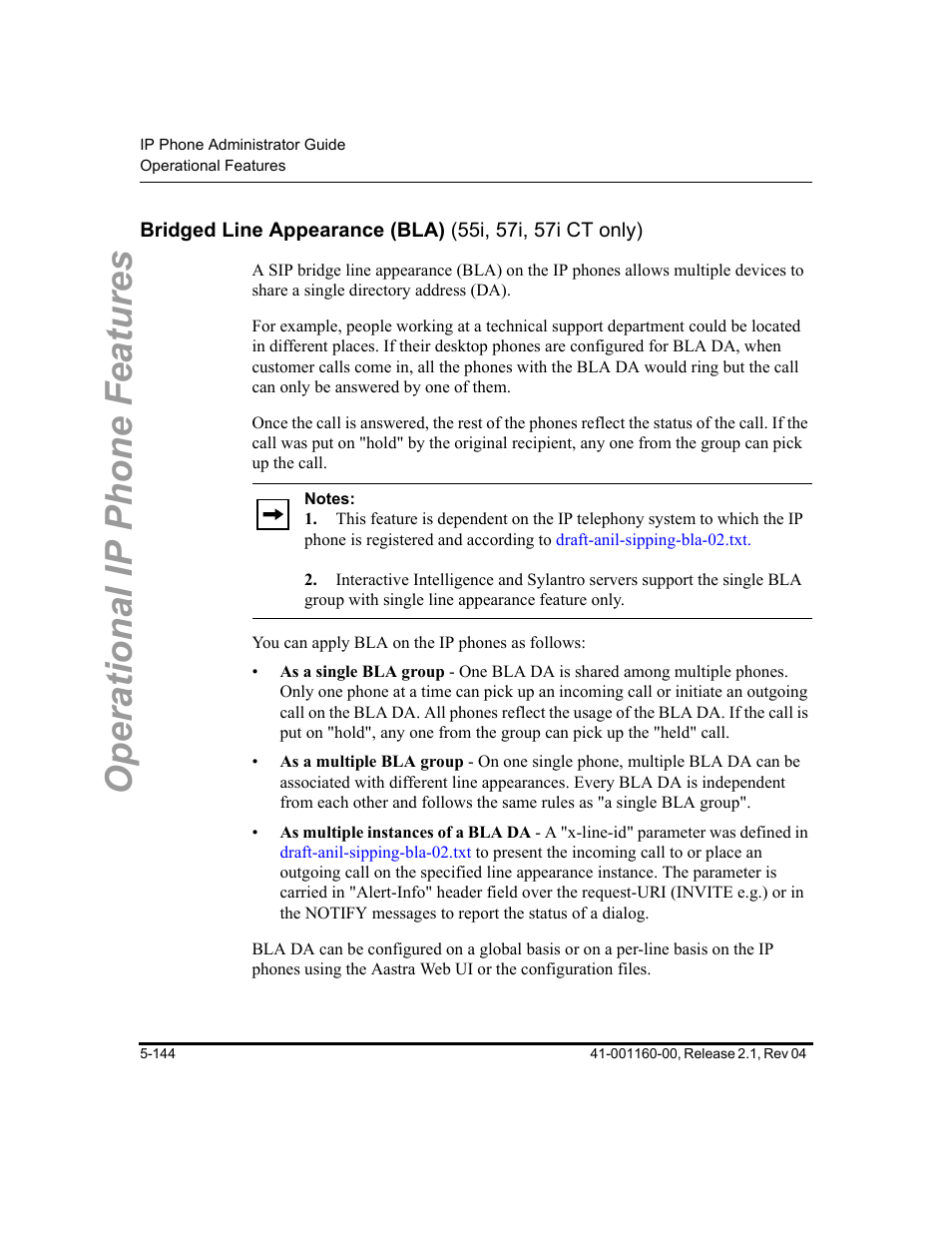 E section, Bridged, Line appearance (bla) (55i, 57i, 57i ct only) | Operational ip phone features | Aastra Telecom SIP 57I User Manual | Page 354 / 818