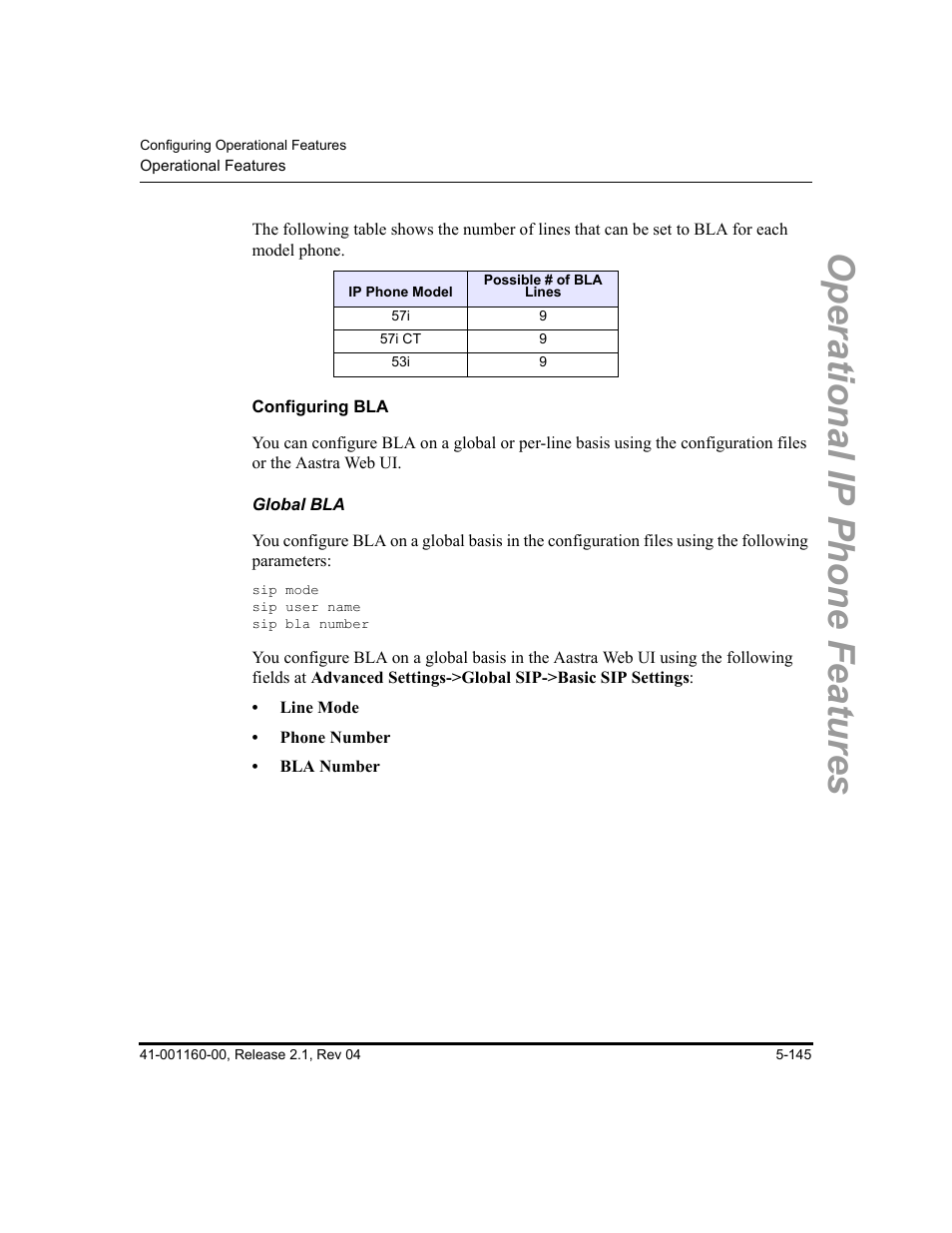 Configuring bla, Global bla, Operational ip phone features | Aastra Telecom SIP 57I User Manual | Page 355 / 818