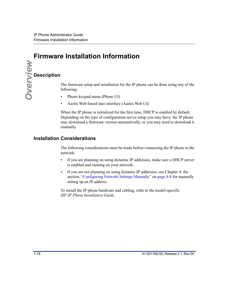 Firmware installation information, Description, Installation considerations | Firmware installation information -18, Description -18, Installation considerations -18, Overview | Aastra Telecom SIP 57I User Manual | Page 36 / 818