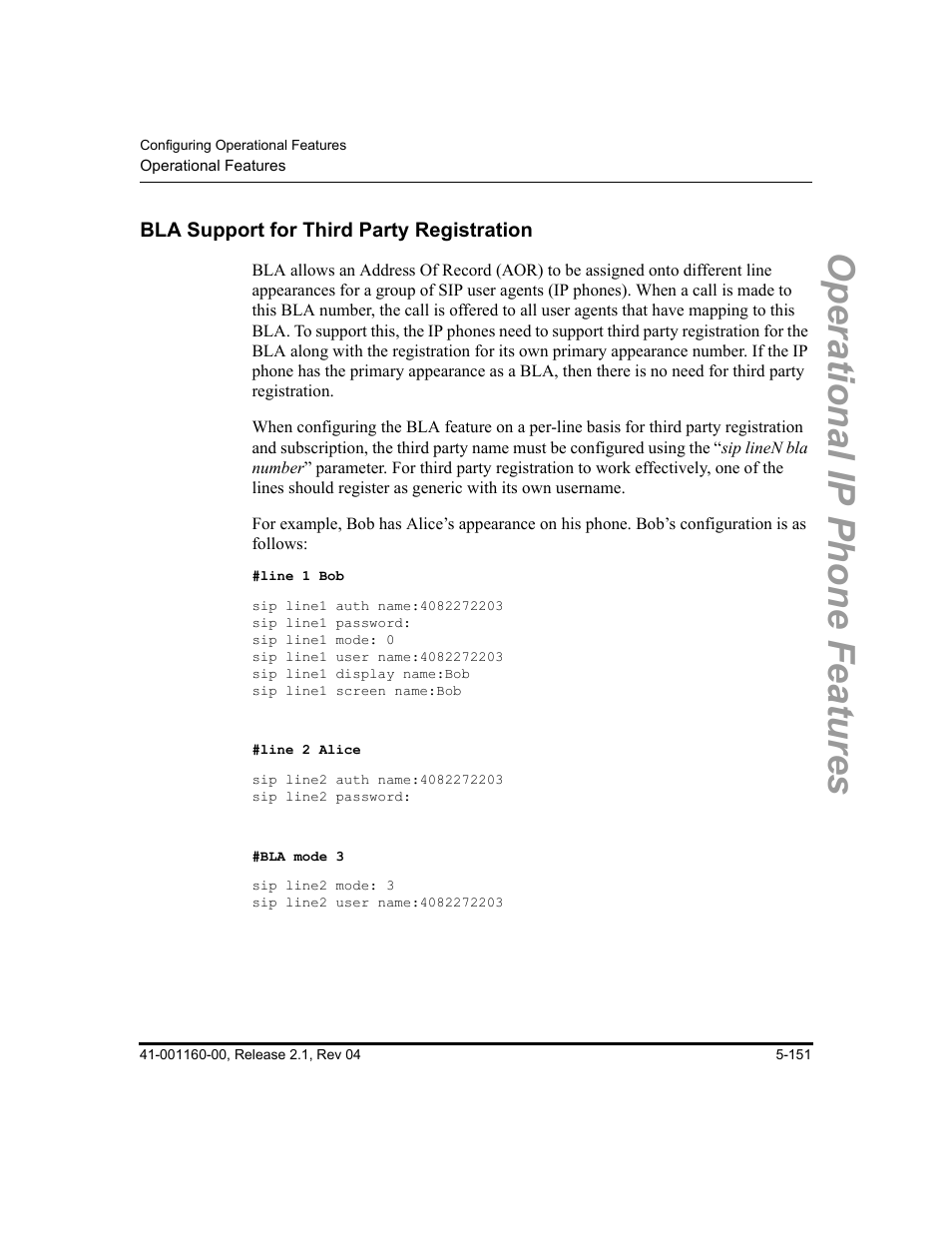 Bla support for third party registration, Bla support for third party registration -151, Operational ip phone features | Aastra Telecom SIP 57I User Manual | Page 361 / 818