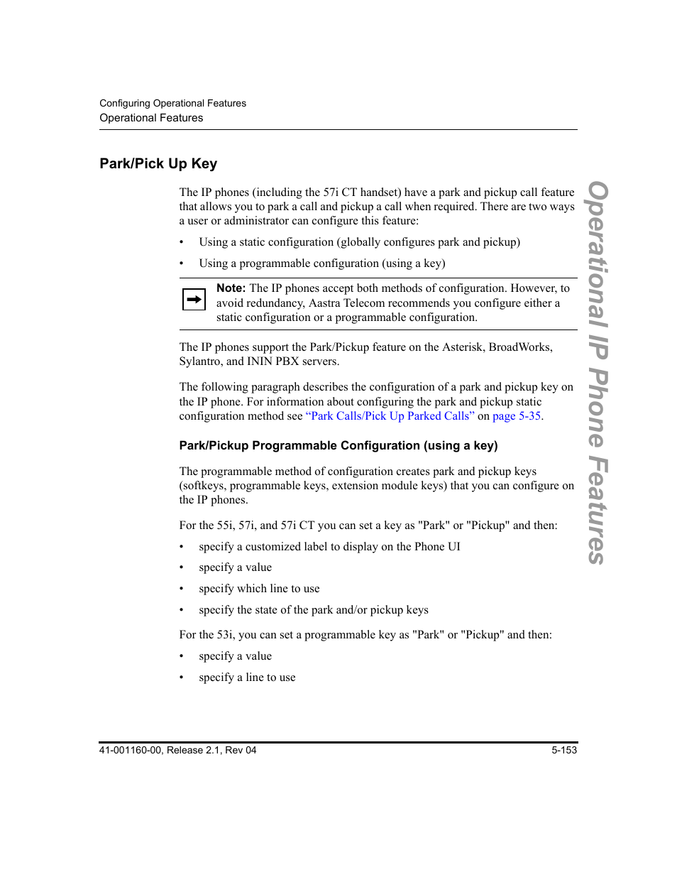 Park/pick up key, Park/pick up key -153, The section | Operational ip phone features | Aastra Telecom SIP 57I User Manual | Page 363 / 818