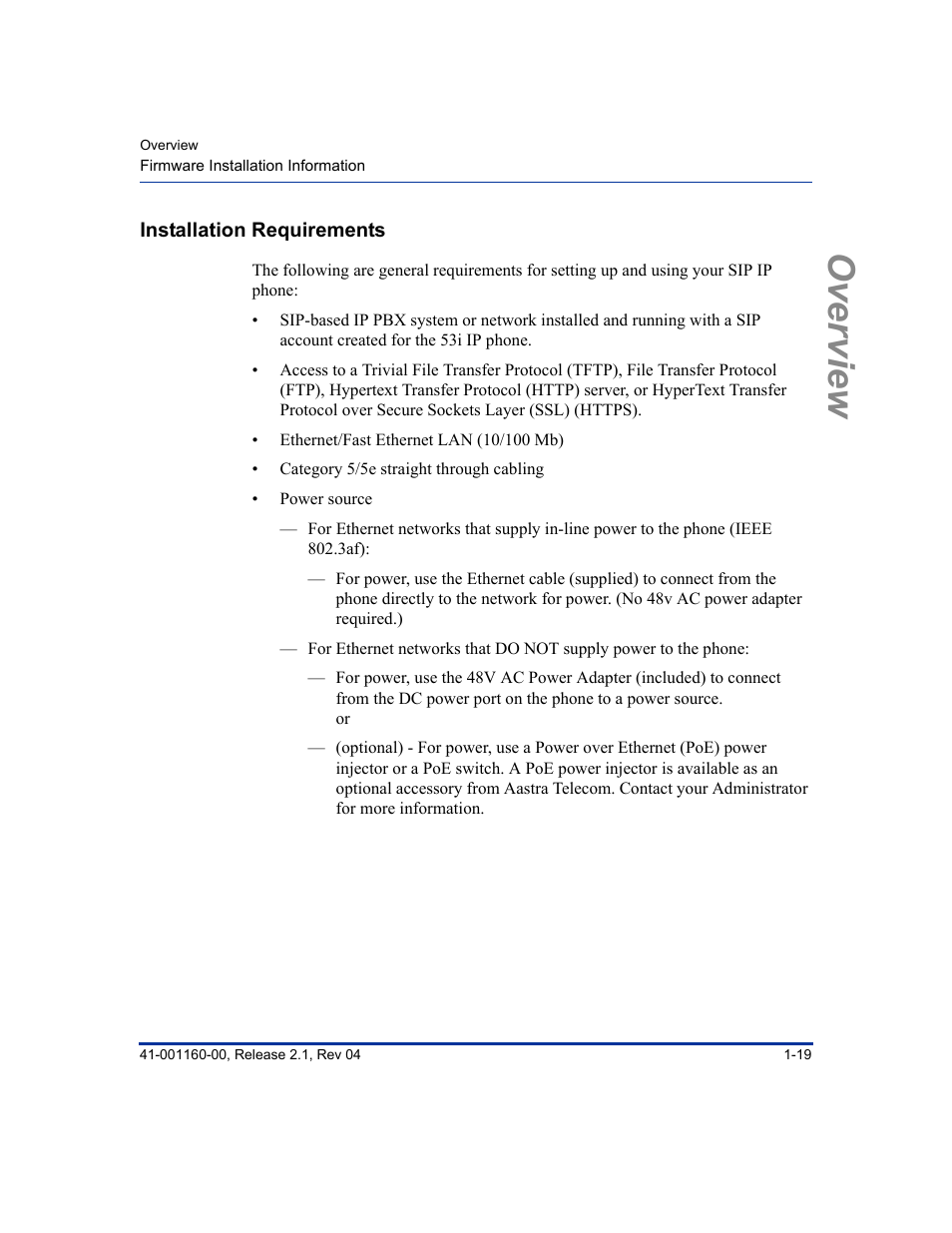 Installation requirements, Installation requirements -19, Overview | Aastra Telecom SIP 57I User Manual | Page 37 / 818