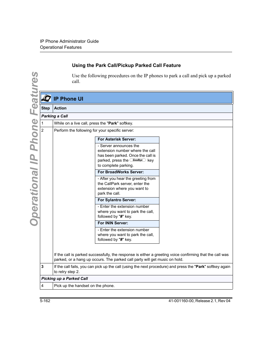 Using the park call/pickup parked call feature, Operational ip phone features | Aastra Telecom SIP 57I User Manual | Page 372 / 818