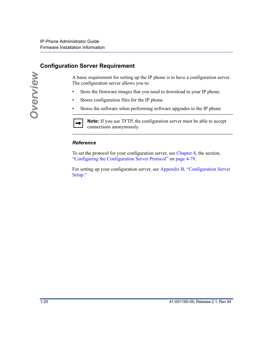 Configuration server requirement, Reference, Configuration server requirement -20 | Overview | Aastra Telecom SIP 57I User Manual | Page 38 / 818