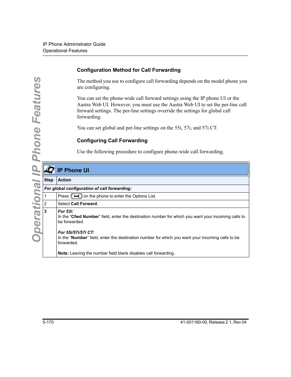 Configuration method for call forwarding, Configuring call forwarding, Operational ip phone features | Aastra Telecom SIP 57I User Manual | Page 380 / 818