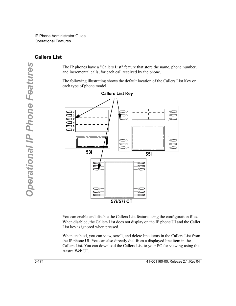 Callers list, Callers list -174, Operational ip phone features | Aastra Telecom SIP 57I User Manual | Page 384 / 818