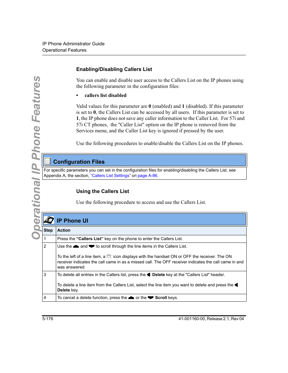 Enabling/disabling callers list, Using the callers list, Operational ip phone features | Aastra Telecom SIP 57I User Manual | Page 386 / 818