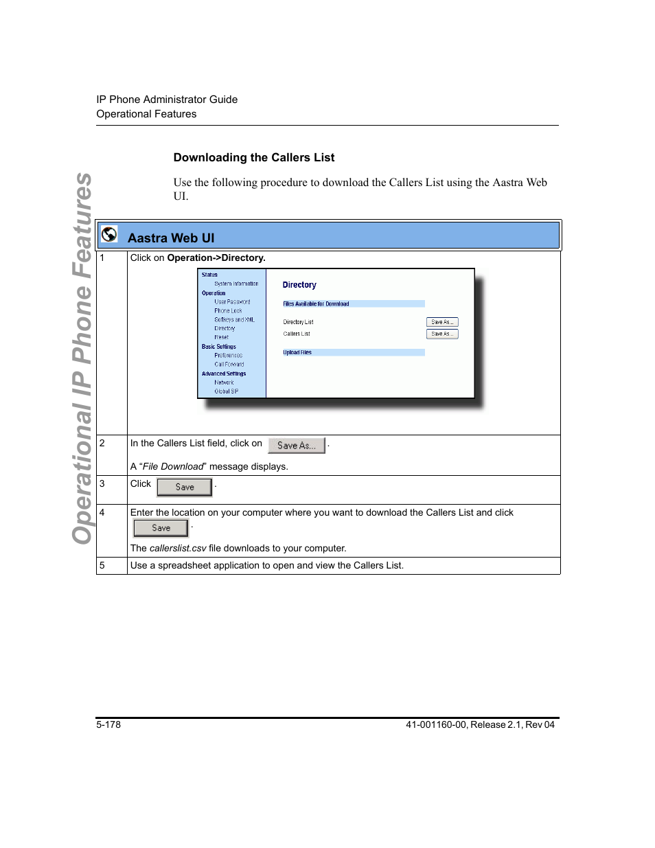 Downloading the callers list, Operational ip phone features | Aastra Telecom SIP 57I User Manual | Page 388 / 818