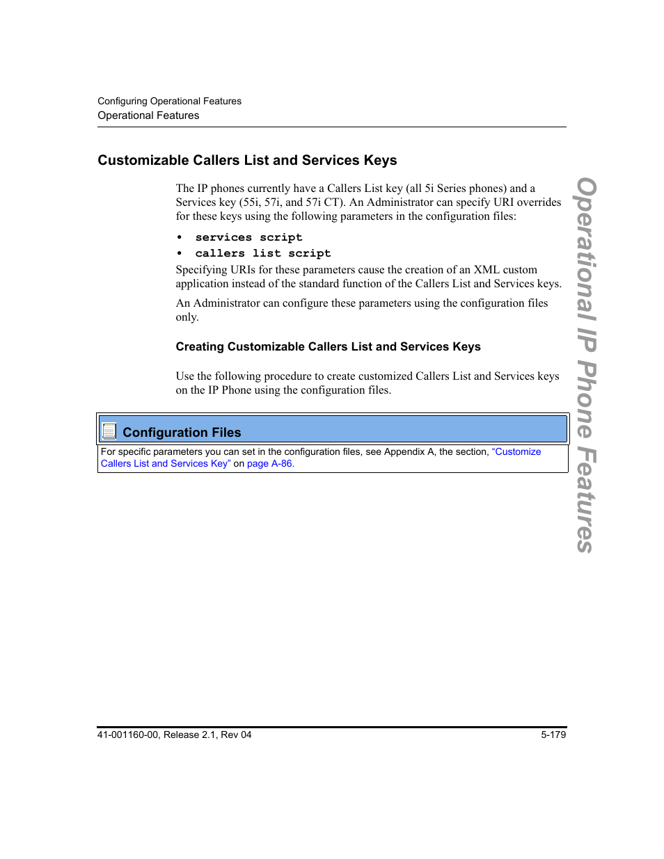 Customizable callers list and services keys, Customizable callers list and services keys -179, Operational ip phone features | Aastra Telecom SIP 57I User Manual | Page 389 / 818