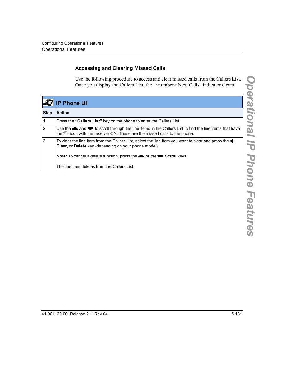 Accessing and clearing missed calls, Operational ip phone features | Aastra Telecom SIP 57I User Manual | Page 391 / 818