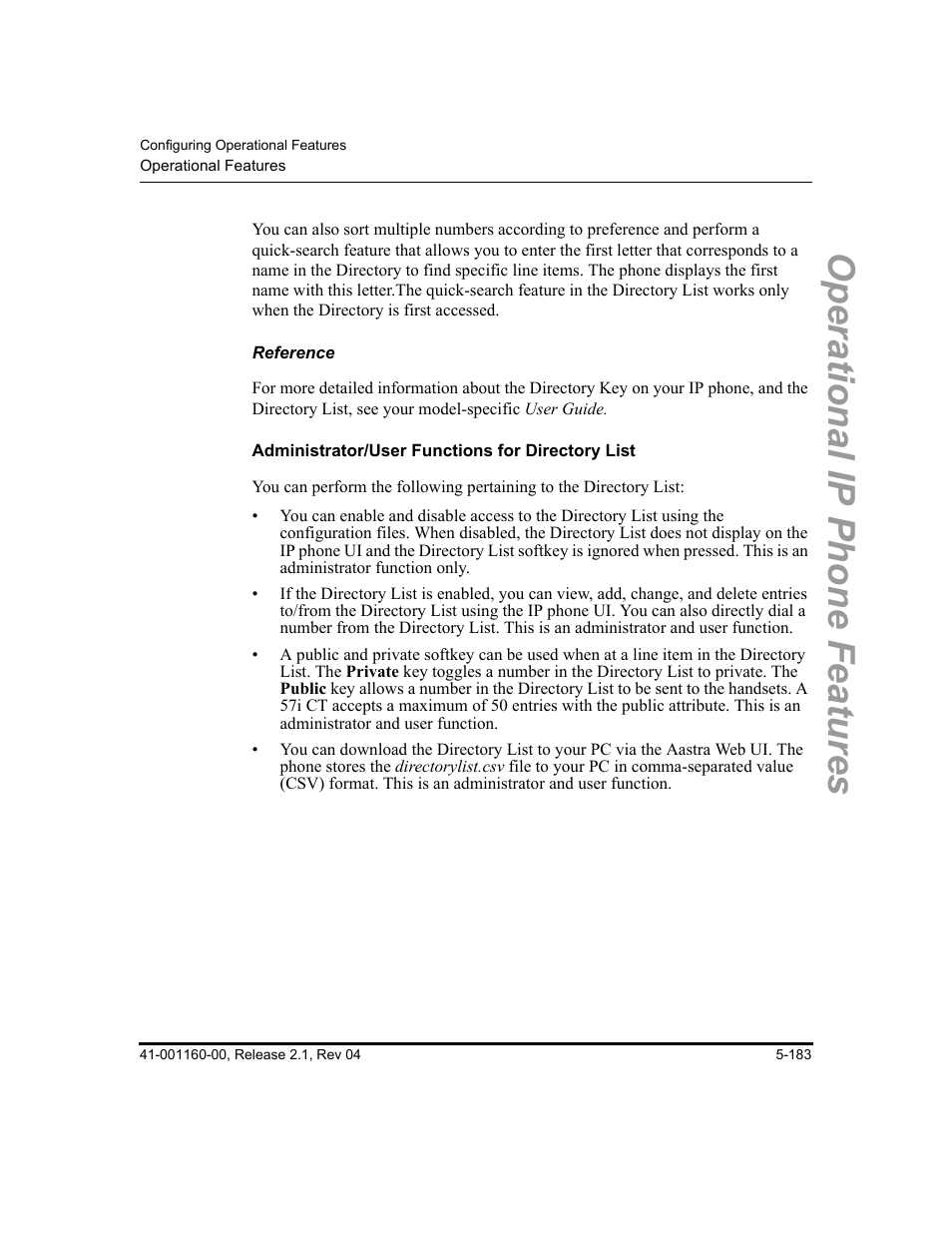 Reference, Administrator/user functions for directory list, Operational ip phone features | Aastra Telecom SIP 57I User Manual | Page 393 / 818