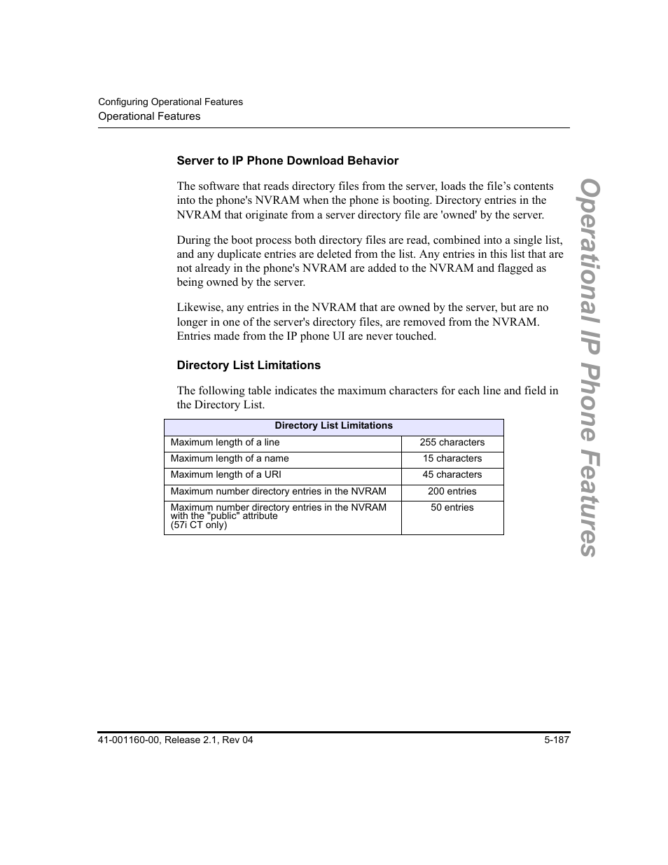 Server to ip phone download behavior, Directory list limitations, Operational ip phone features | Aastra Telecom SIP 57I User Manual | Page 397 / 818
