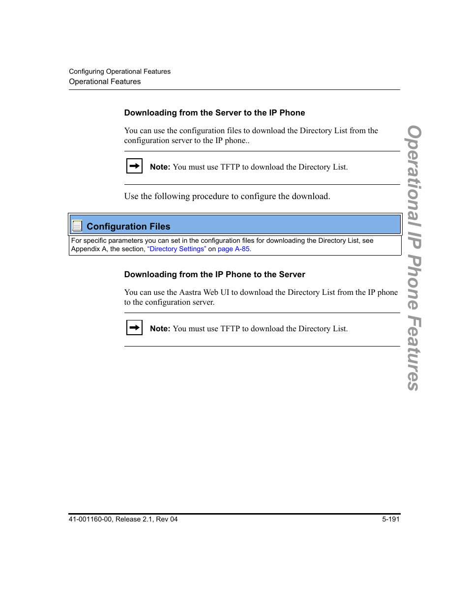 Downloading from the server to the ip phone, Downloading from the ip phone to the server, Operational ip phone features | Aastra Telecom SIP 57I User Manual | Page 401 / 818