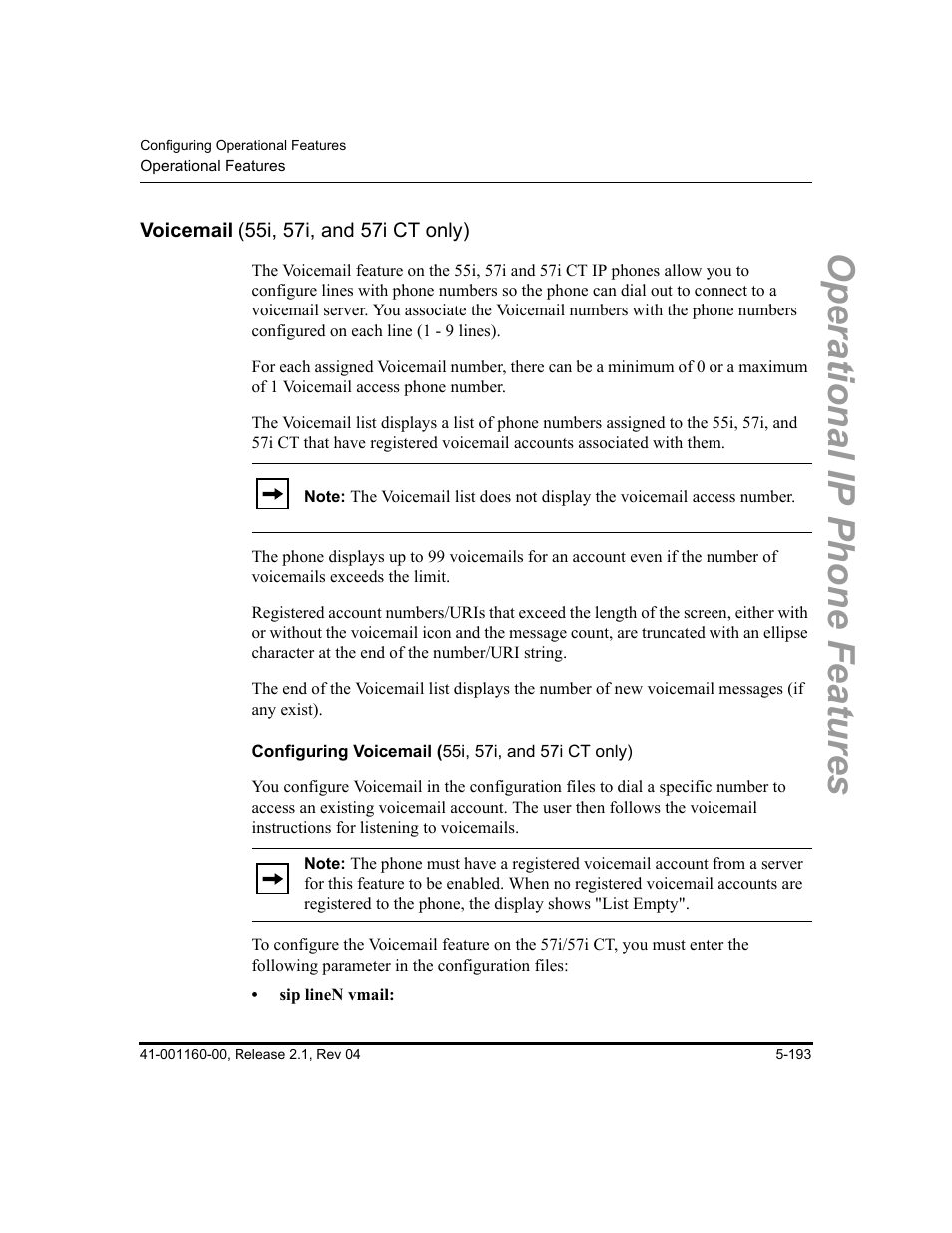 Voicemail (55i, 57i, and 57i ct only), Configuring voicemail (55i, 57i, and 57i ct only), Voicemail (55i, 57i, and 57i ct only) -193 | Tion, Operational ip phone features | Aastra Telecom SIP 57I User Manual | Page 403 / 818