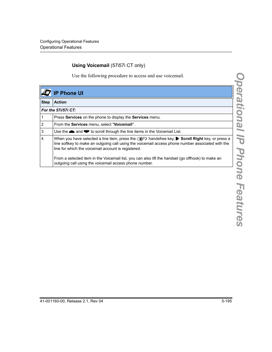 Using voicemail (57i57i ct only), Operational ip phone features | Aastra Telecom SIP 57I User Manual | Page 405 / 818