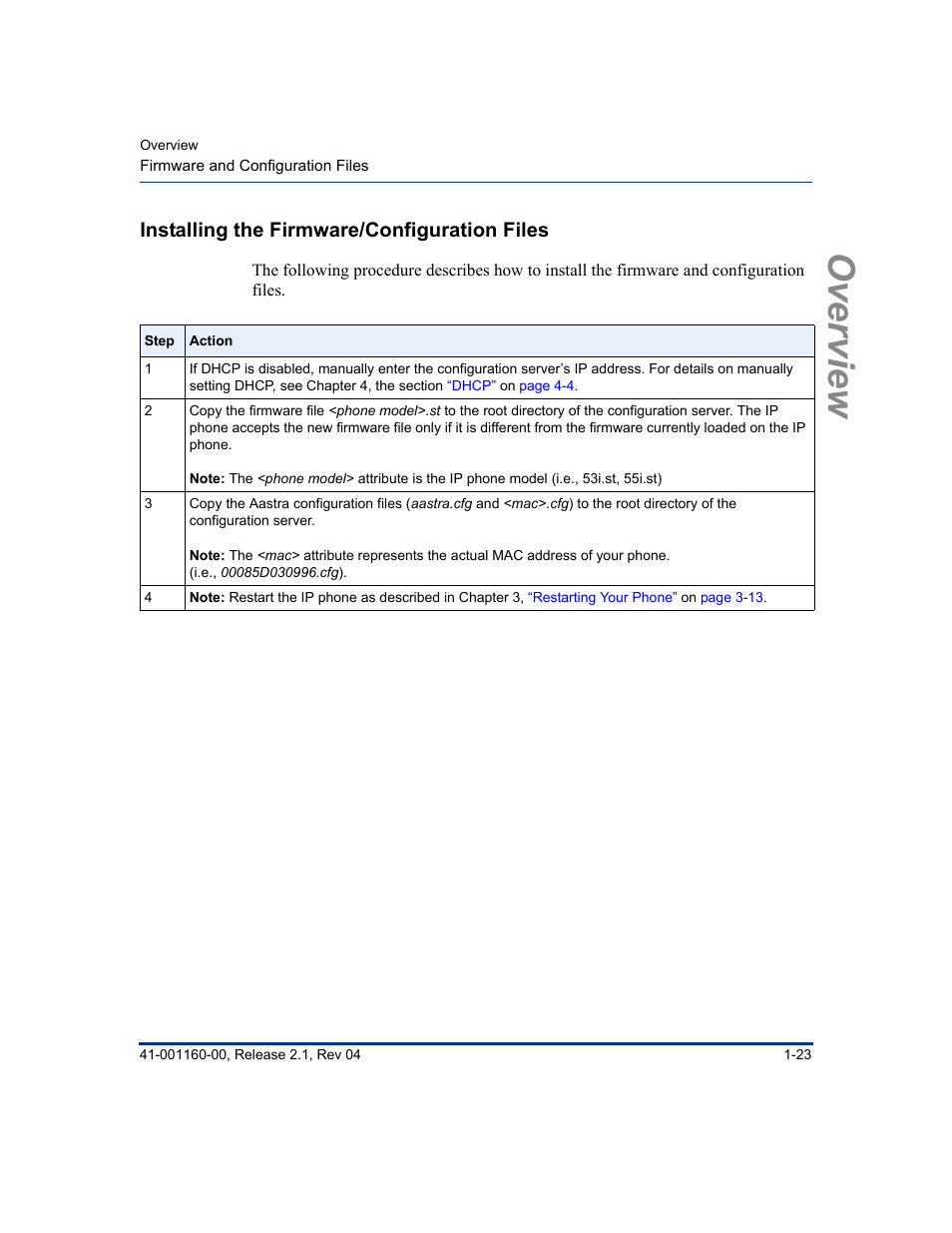 Installing the firmware/configuration files, Installing the firmware/configuration files -23, Overview | Aastra Telecom SIP 57I User Manual | Page 41 / 818