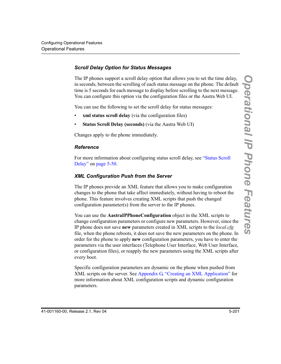 Scroll delay option for status messages, Reference, Xml configuration push from the server | Ne.(see, For m, Operational ip phone features | Aastra Telecom SIP 57I User Manual | Page 411 / 818