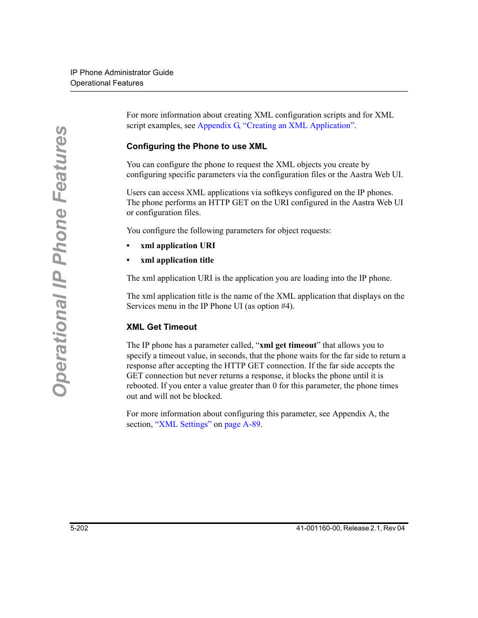 Configuring the phone to use xml, Xml get timeout, Operational ip phone features | Aastra Telecom SIP 57I User Manual | Page 412 / 818