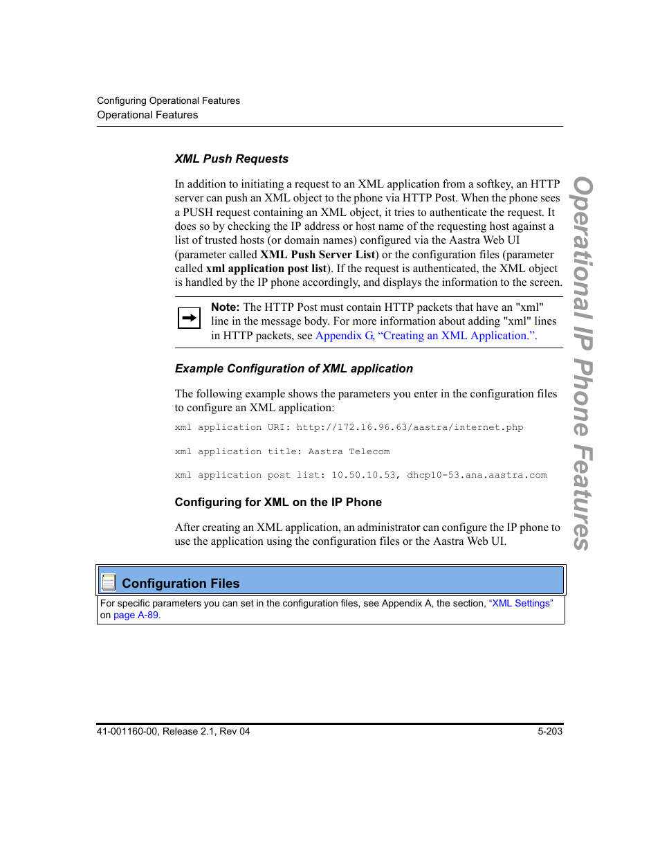 Xml push requests, Example configuration of xml application, Configuring for xml on the ip phone | The section, Xml push, Requests, Operational ip phone features | Aastra Telecom SIP 57I User Manual | Page 413 / 818