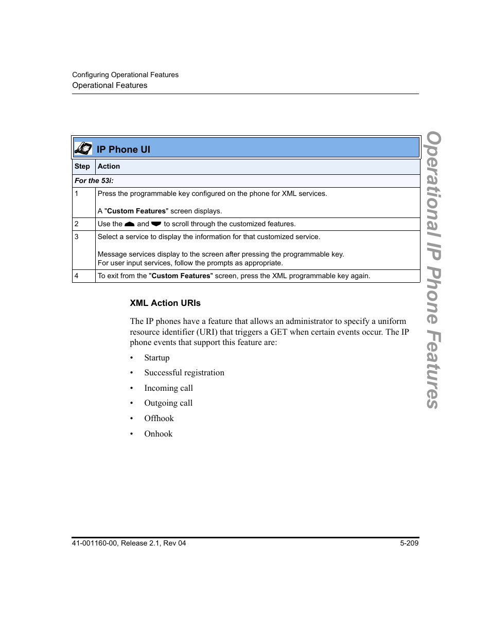 Xml action uris, Operational ip phone features | Aastra Telecom SIP 57I User Manual | Page 419 / 818
