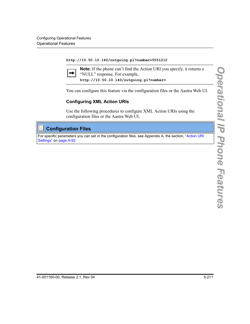 Configuring xml action uris, Operational ip phone features | Aastra Telecom SIP 57I User Manual | Page 421 / 818