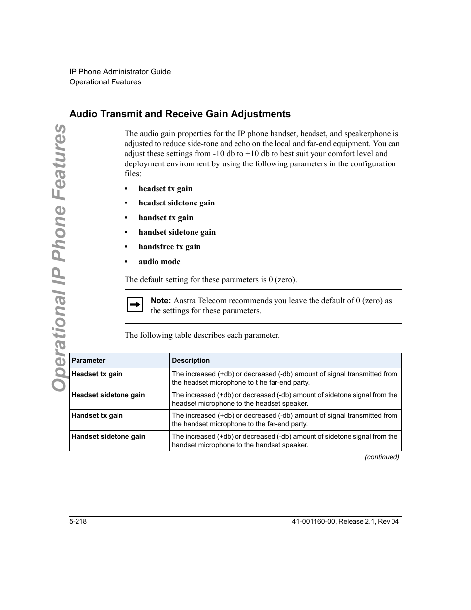Audio transmit and receive gain adjustments, Audio transmit and receive gain adjustments -218, Operational ip phone features | Aastra Telecom SIP 57I User Manual | Page 428 / 818