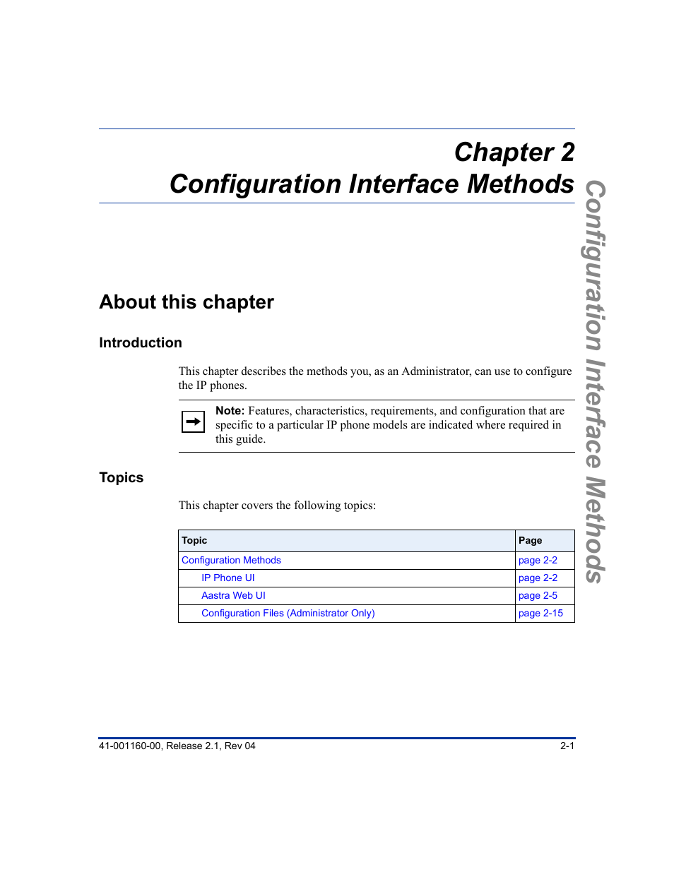 Chapter 2 configuration interface methods, About this chapter, About this chapter -1 | Chapter 2 | Aastra Telecom SIP 57I User Manual | Page 43 / 818